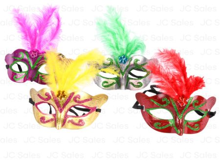 WHOLESALE GLITTER MASQUERADE MASK W FEATHERS ASST COLORS SOLD BY CASE For Cheap