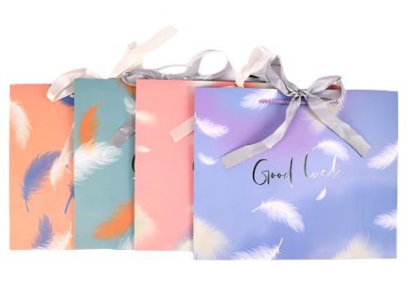 WHOLESALE GIFT BAG MEDIUM WIDE GOOD LUCK ASSORTED COLORS W  FEATHERS SOLD BY CASE Discount