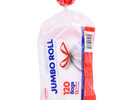 NEW WHOLESALE JUMBO DRAWSTRING GARBAGE BAGS ROLL 13GAL 120CT WHITE SOLD BY CASE Online