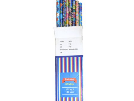 WHOLESALE GIFT WRAP BIRTHDAY ASST DESIGN AND COLOR 17.5SF SOLD BY CASE on Sale