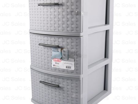 WHOLESALE STERILITE 3 DRAWER WEAVE TOWER CEMENT W  FLAT GRAY HANDLES SOLD BY CASE Online Hot Sale