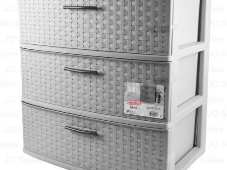 WHOLESALE STERILITE 3 DRAWER WIDE WEAVE TOWER CEMENT W  FLAT GREY HANDLES SOLD BY CASE on Sale